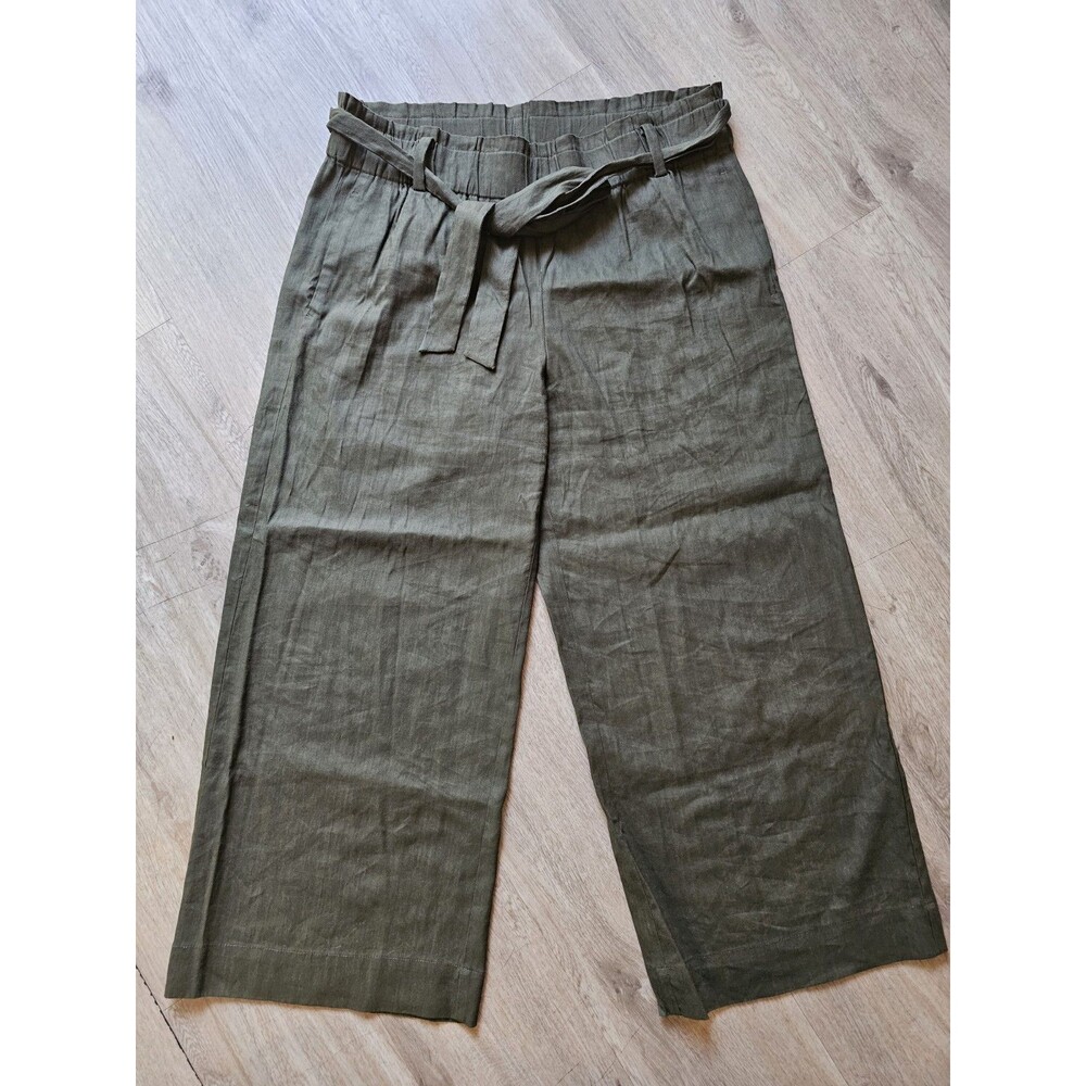 J Jill Pants Womens M Green High Rise Paper Bag Waist Linen Blend Wide Leg Crop